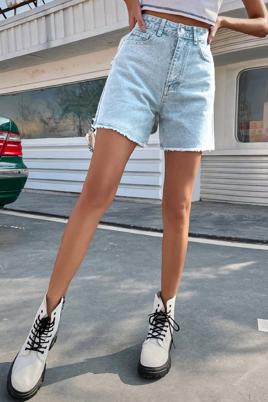 einfarbige französische Denim-Shorts mit rohem Saum