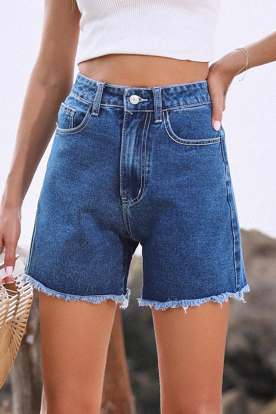 einfarbige französische Denim-Shorts mit rohem Saum