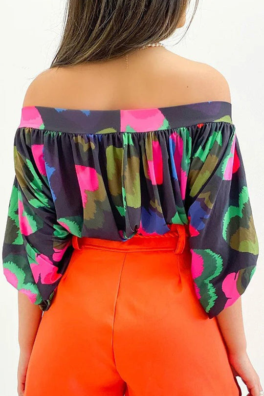 Heidi-Mode | Lässige Druck Patchwork Off-The-Shoulder T-Shirts