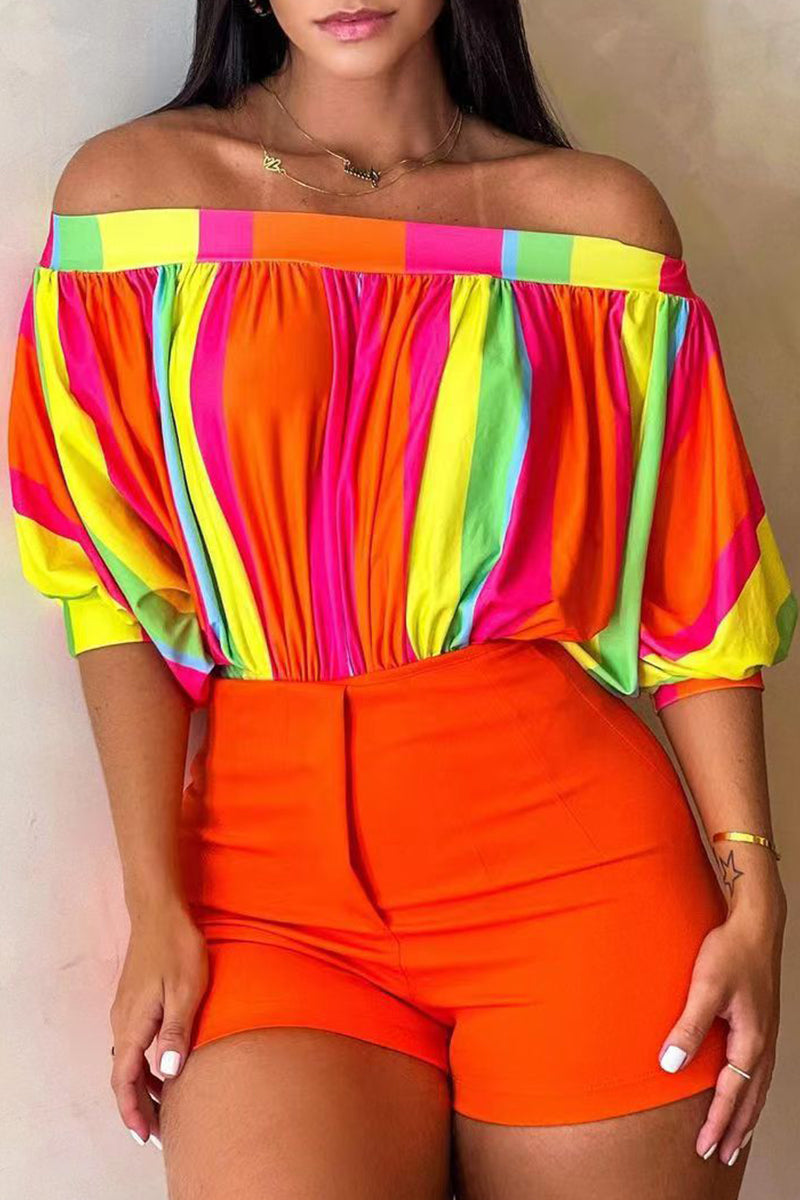 Heidi-Mode | Lässige Druck Patchwork Off-The-Shoulder T-Shirts