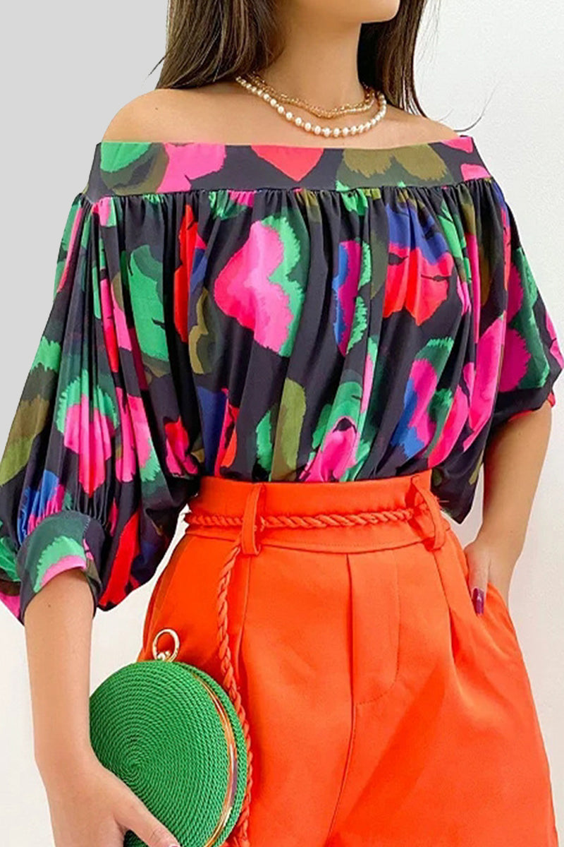Heidi-Mode | Lässige Druck Patchwork Off-The-Shoulder T-Shirts