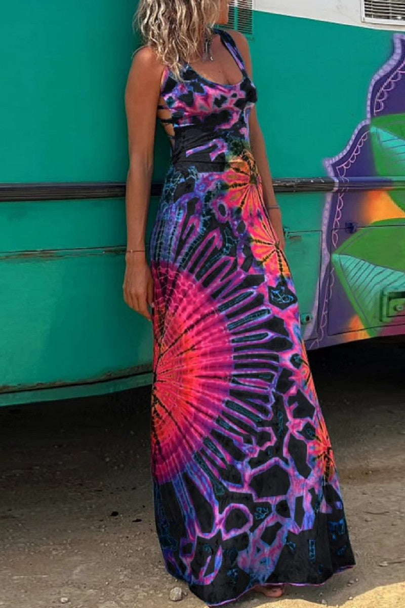 Heidi-Mode | Lässiges Print Rückenausschnitt U Neck Weste Kleid Kleider - 3 Farben