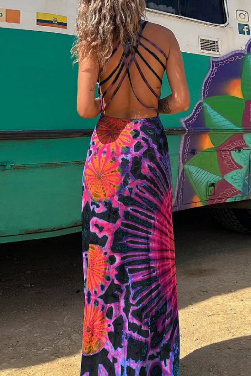 Heidi-Mode | Lässiges Print Rückenausschnitt U Neck Weste Kleid Kleider - 3 Farben