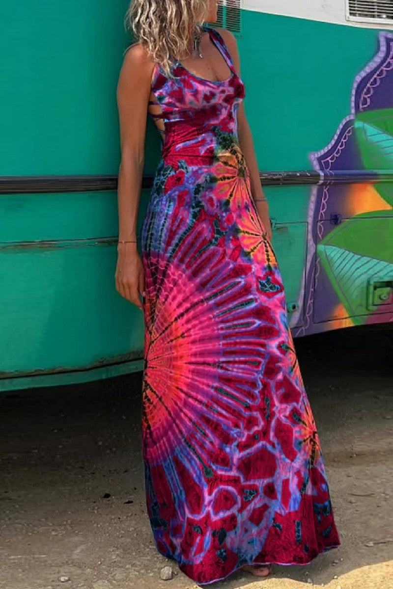 Heidi-Mode | Lässiges Print Rückenausschnitt U Neck Weste Kleid Kleider - 3 Farben