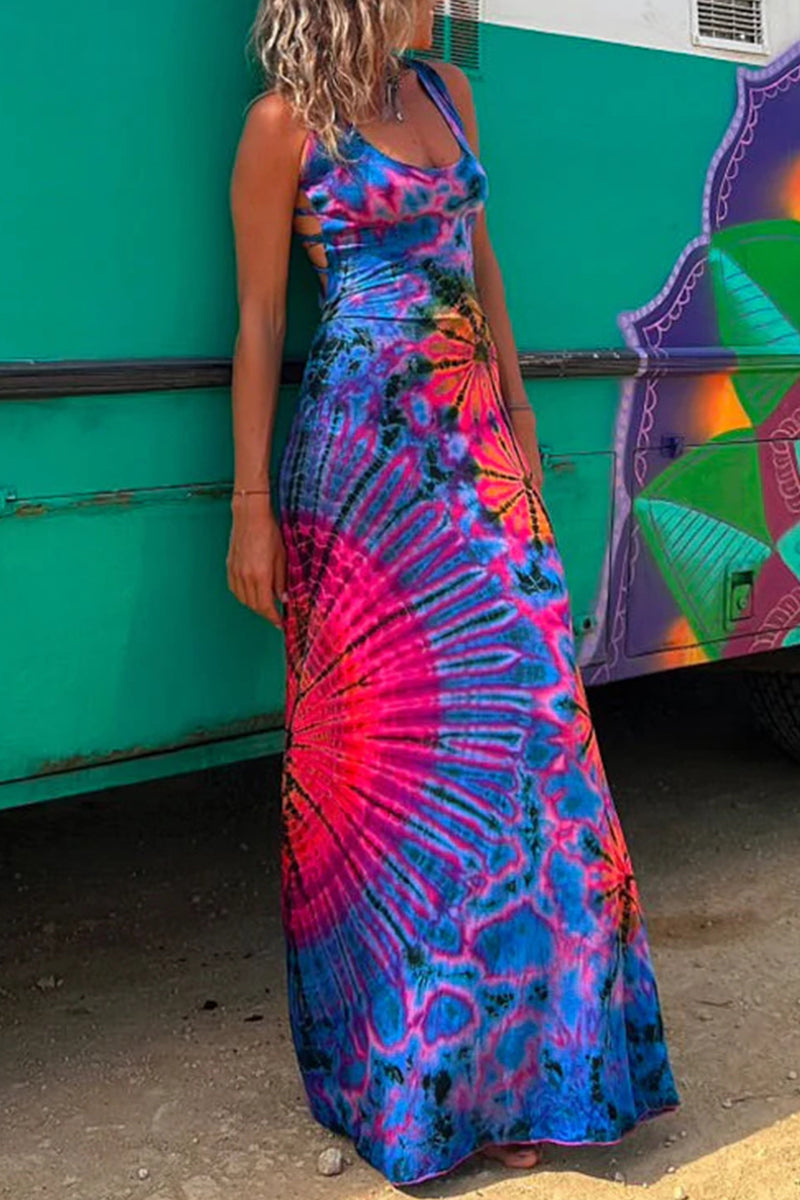 Heidi-Mode | Lässiges Print Rückenausschnitt U Neck Weste Kleid Kleider - 3 Farben