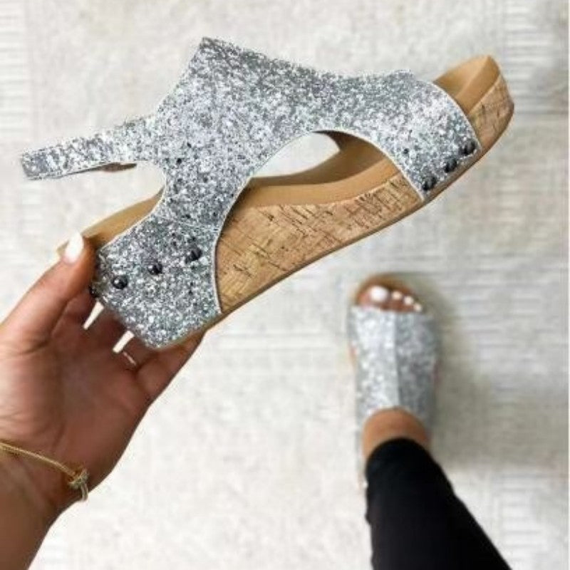 Heidi-Mode | Lässige Ausgehöhlte Pailletten Patchwork Fischmund Outdoor Wedges Schuhe