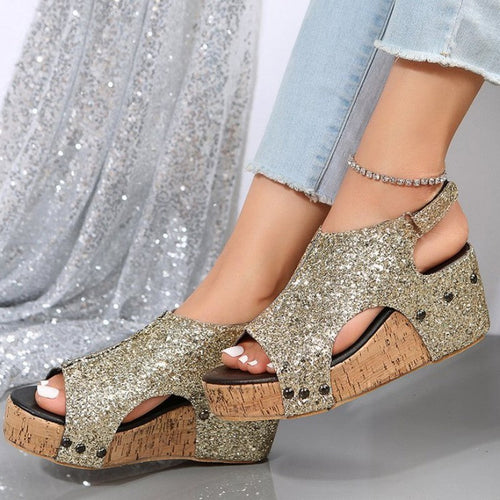 Heidi-Mode | Lässige Ausgehöhlte Pailletten Patchwork Fischmund Outdoor Wedges Schuhe
