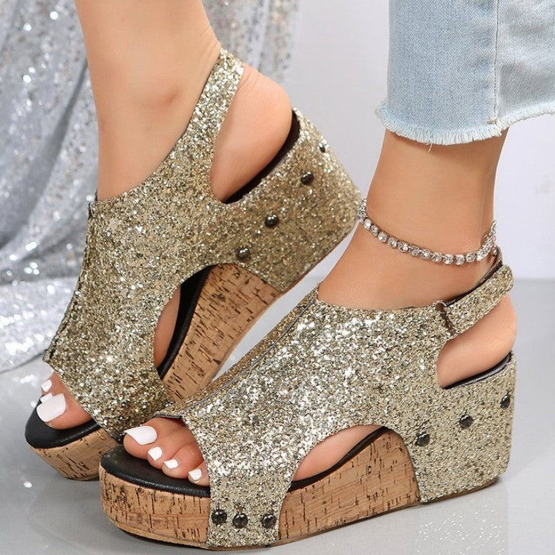 Heidi-Mode | Lässige Ausgehöhlte Pailletten Patchwork Fischmund Outdoor Wedges Schuhe