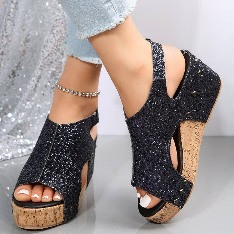 Heidi-Mode | Lässige Ausgehöhlte Pailletten Patchwork Fischmund Outdoor Wedges Schuhe