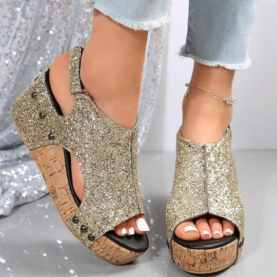 Heidi-Mode | Lässige Ausgehöhlte Pailletten Patchwork Fischmund Outdoor Wedges Schuhe