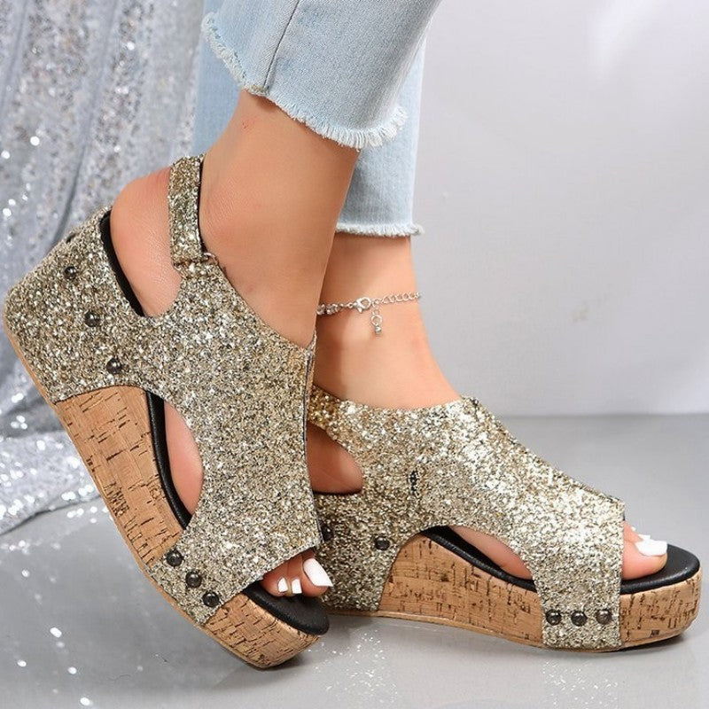 Heidi-Mode | Lässige Ausgehöhlte Pailletten Patchwork Fischmund Outdoor Wedges Schuhe