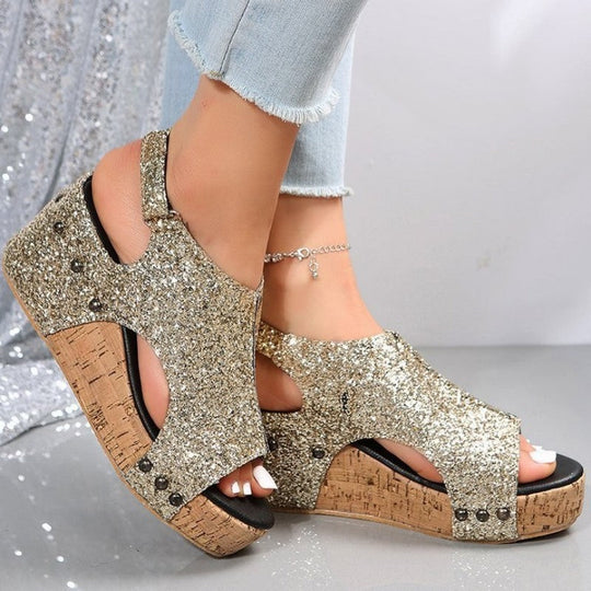Heidi-Mode | Lässige Ausgehöhlte Pailletten Patchwork Fischmund Outdoor Wedges Schuhe