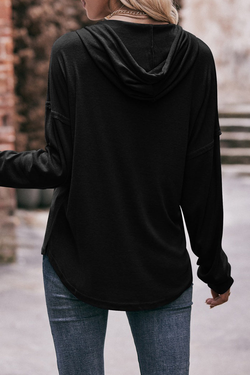 Heidi-Mode | Lässig Einfarbig Knöpfe Kapuze Kragen Tops
