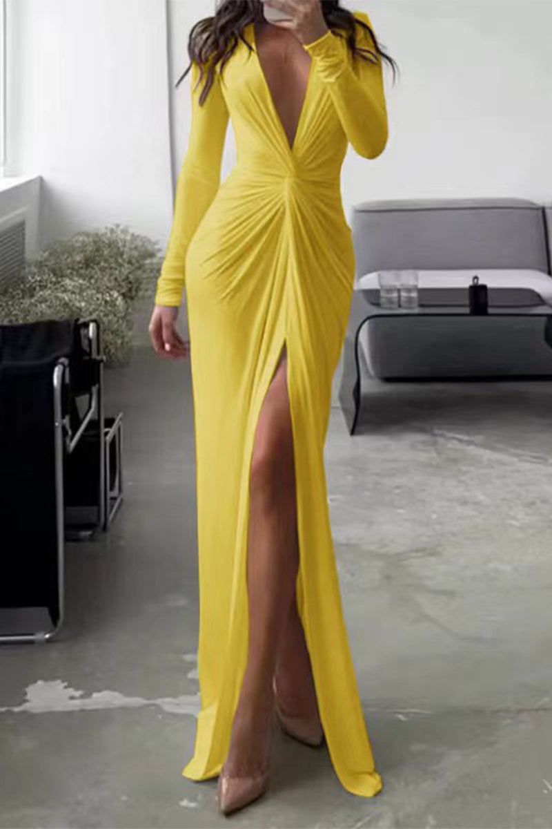 Heidi-Mode | Elegante Einfarbige Falt-V-Ausschnitt Plissierte Kleider - 6 Farben