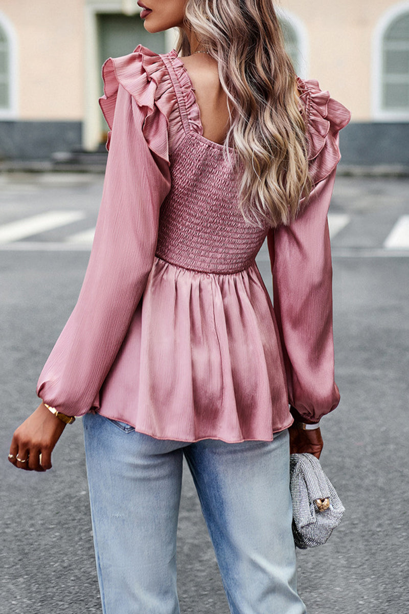 Heidi-Mode | Süß Elegant Fest Gelegt Schnüren Saum Quadrat Kragen Tops