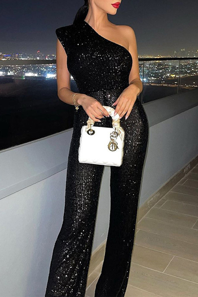 Heidi-Mode | Unifarbene Pailletten Schräger Kragen Jumpsuits