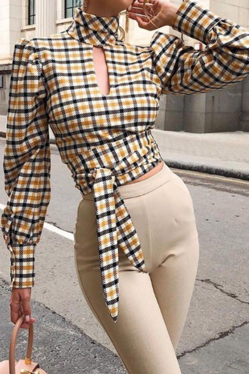 Heidi-Mode | Celebrities Elegante Karos mit Schleifen-Kontrast Mandarin-Kragen Tops