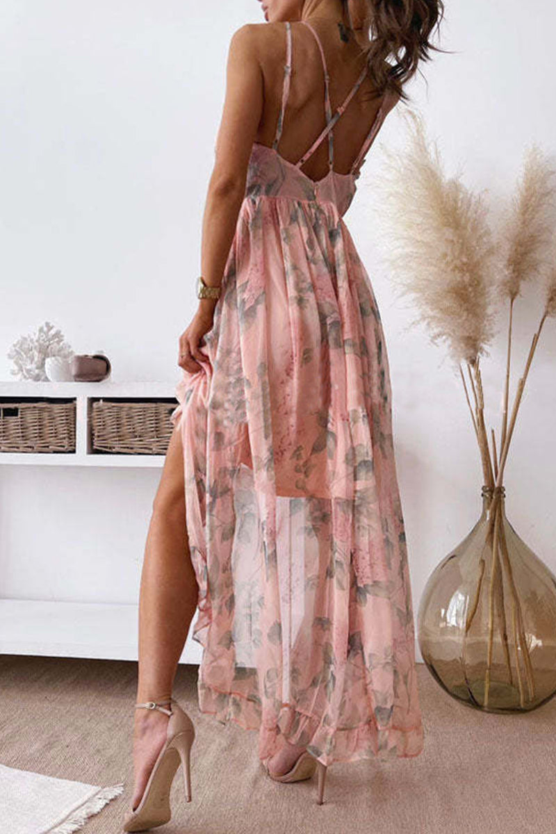 Heidi-Mode | Süßes Floral Rückansicht V-Ausschnitt Unregelmäßiges Kleid Kleider