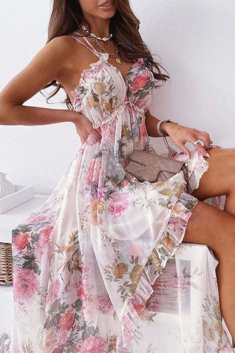 Heidi-Mode | Süßes Floral Rückansicht V-Ausschnitt Unregelmäßiges Kleid Kleider