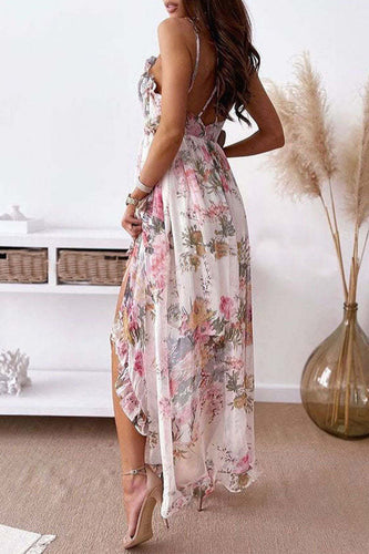 Heidi-Mode | Süßes Floral Rückansicht V-Ausschnitt Unregelmäßiges Kleid Kleider
