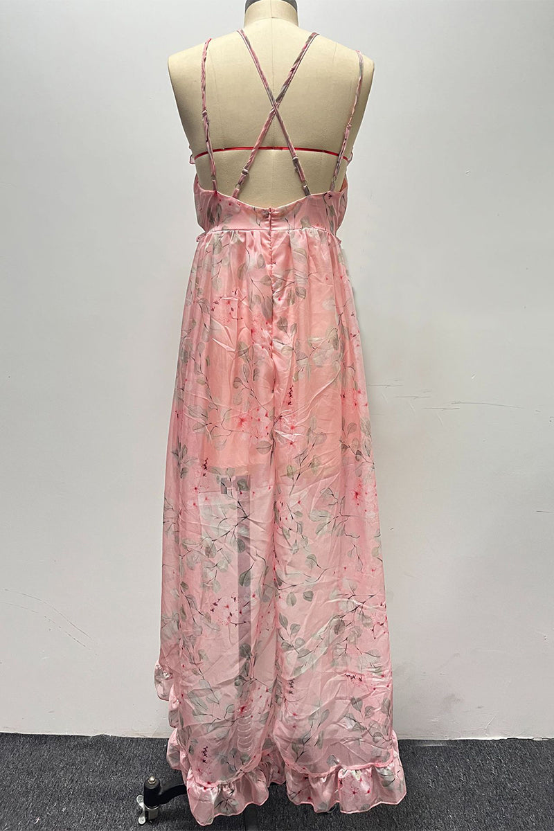 Heidi-Mode | Süßes Floral Rückansicht V-Ausschnitt Unregelmäßiges Kleid Kleider