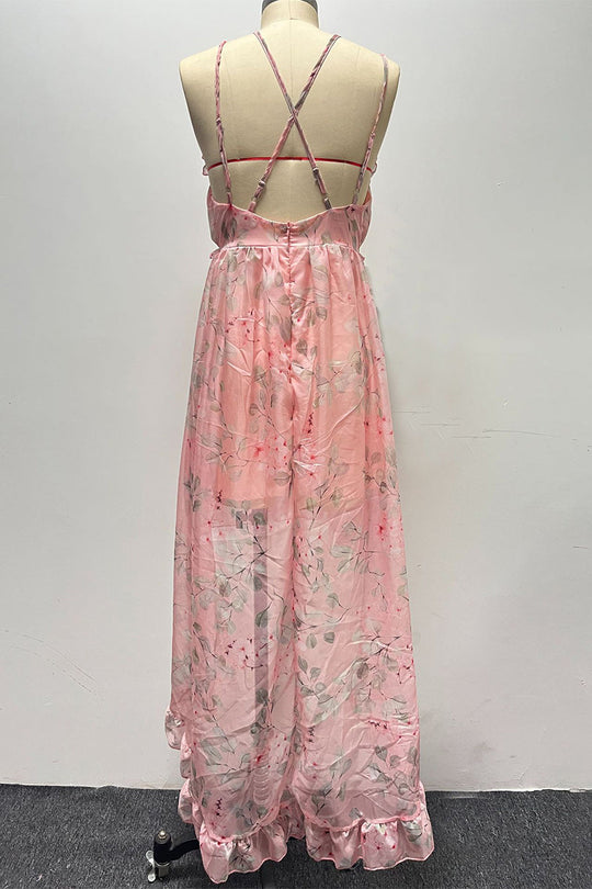 Heidi-Mode | Süßes Floral Rückansicht V-Ausschnitt Unregelmäßiges Kleid Kleider