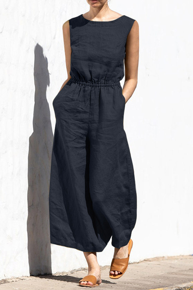 Heidi-Mode | Lässige Einfachheit Einfarbige Taschen Oausschnitt Lose Jumpsuits