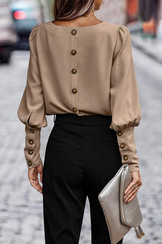 Heidi-Mode | Elegante Einfarbige Knöpfe O-Hals Tops