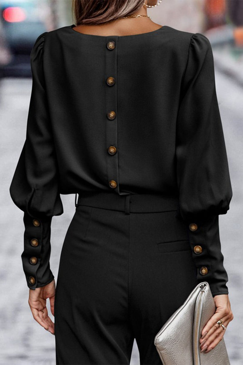 Heidi-Mode | Elegante Einfarbige Knöpfe O-Hals Tops