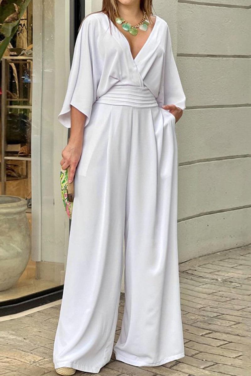 Heidi-Mode | Eleganter Loose Fit Plissee V-Ausschnitt Overall mit Taschen