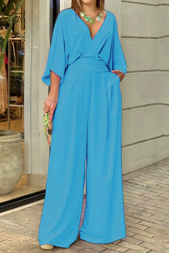 Heidi-Mode | Eleganter Loose Fit Plissee V-Ausschnitt Overall mit Taschen