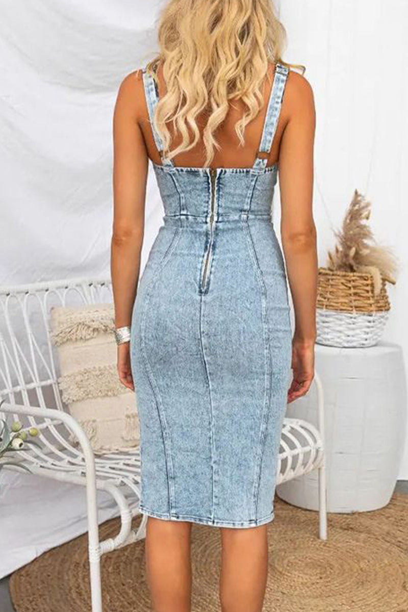 Heidi-Mode | Sexy Einfarbige Schlitz U-Ausschnitt Ärmellose Reguläre Denim Kleider