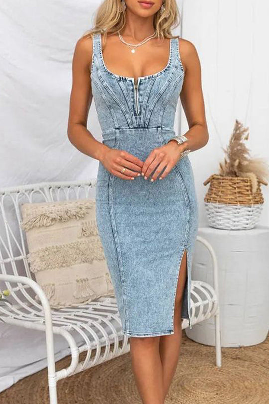 Heidi-Mode | Sexy Einfarbige Schlitz U-Ausschnitt Ärmellose Reguläre Denim Kleider