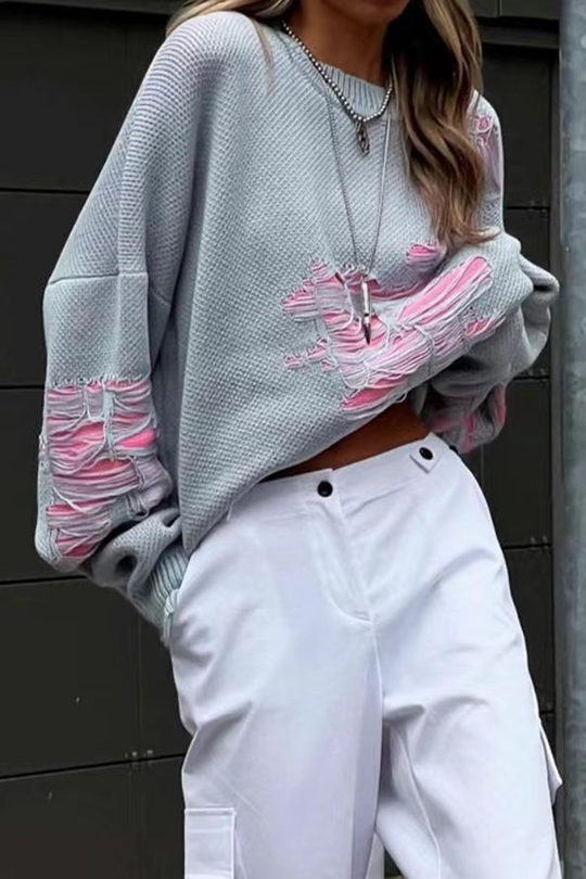 Heidi-Mode | Casual Farbblock Gerissene Kontrast O-Hals Pullover - 3 Farben