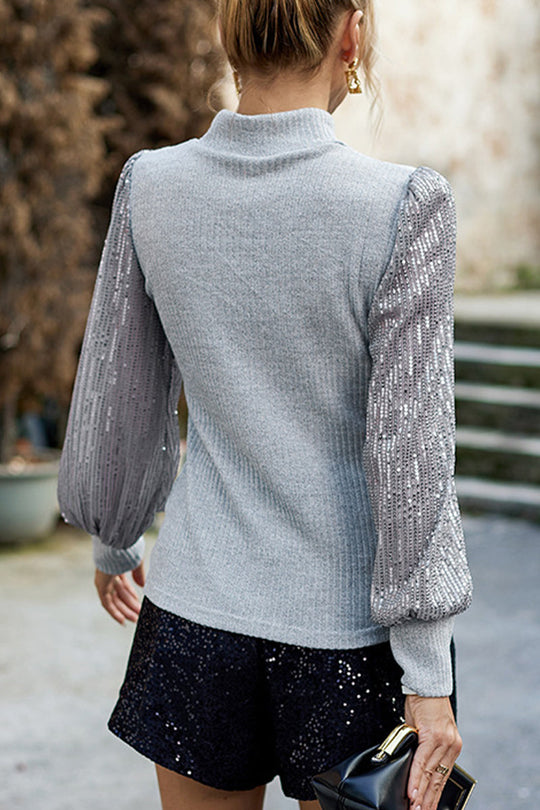 Heidi-Mode | Elegante Einfarbige Pailletten Halb A Stehkragen Tops - 4 Farben