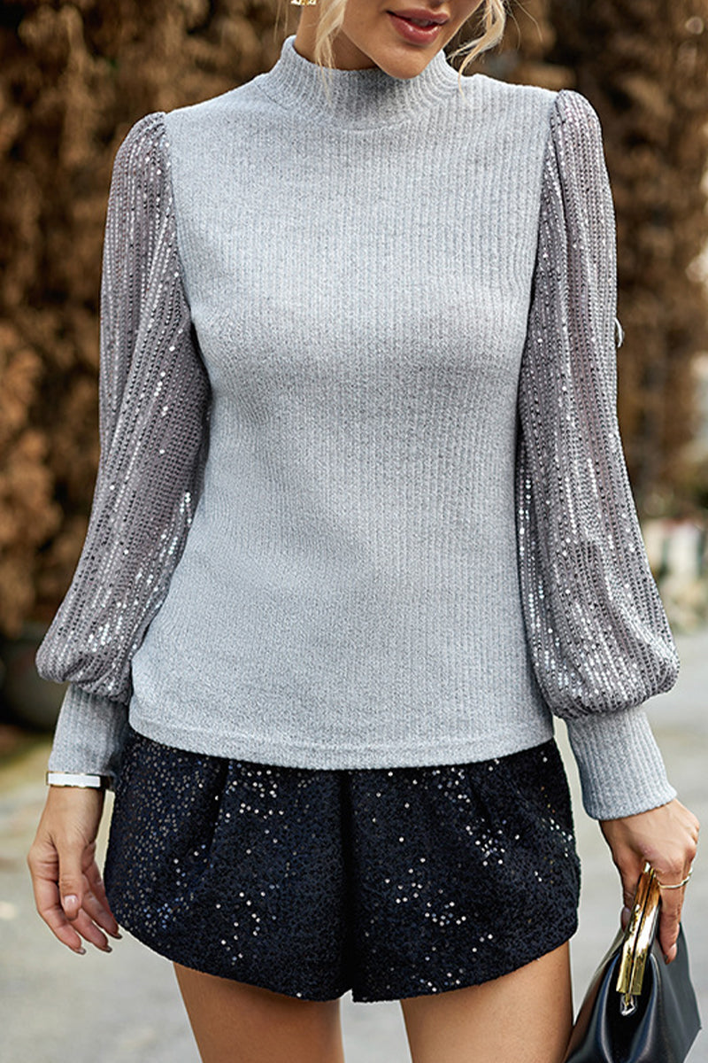 Heidi-Mode | Elegante Einfarbige Pailletten Halb A Stehkragen Tops - 4 Farben
