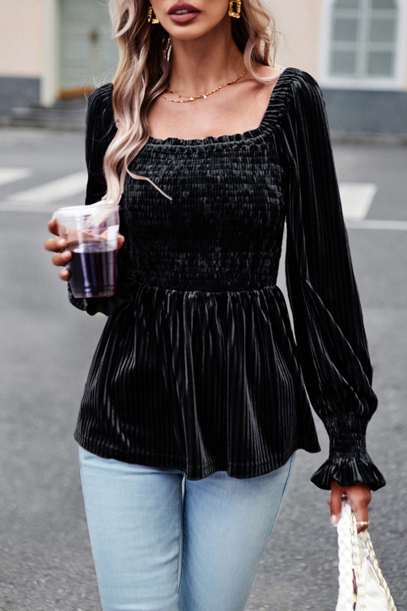 Heidi-Mode | Elegante Einfarbige Faltige Quadratischer Kragen Tops - 4 Farben