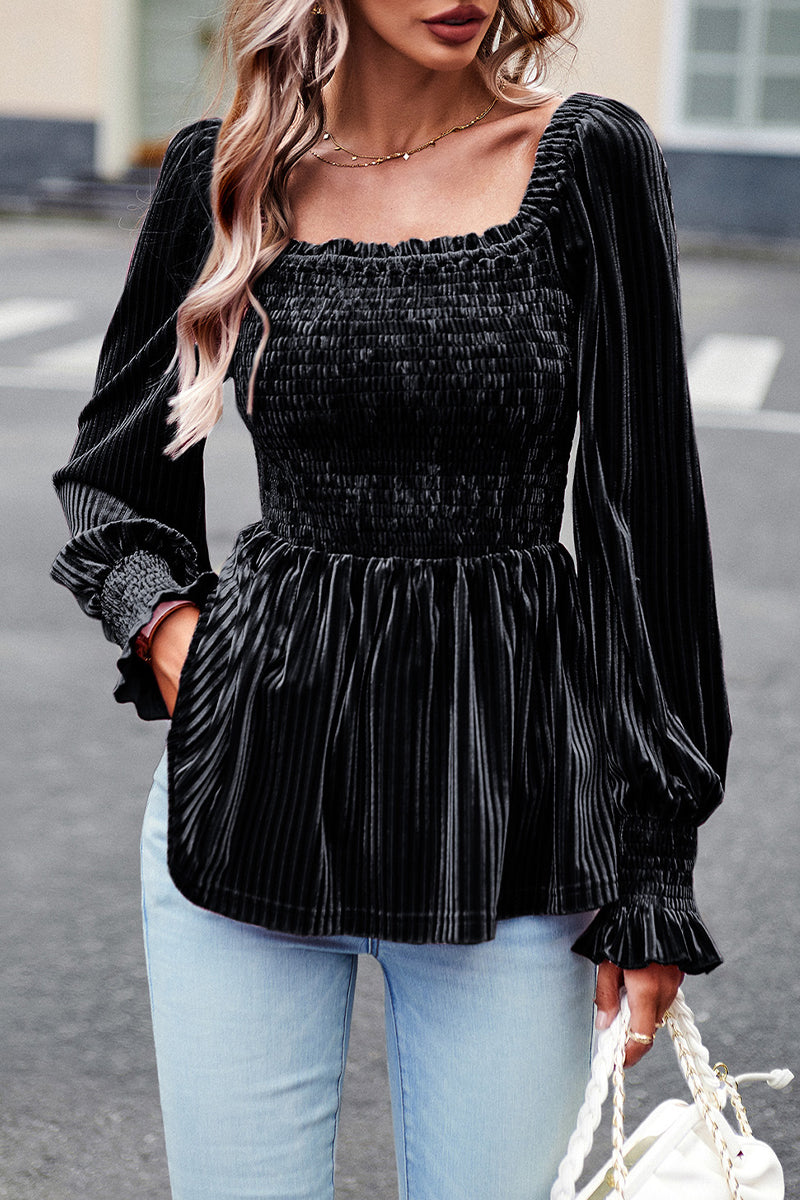 Heidi-Mode | Elegante Einfarbige Faltige Quadratischer Kragen Tops - 4 Farben