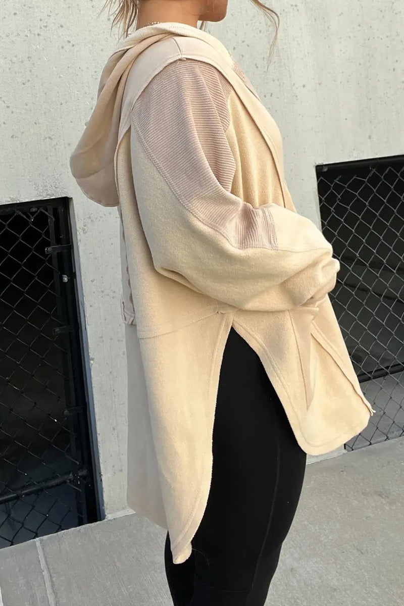Heidi-Mode | Lässiger Solider Taschen Schlitz Kapuzenkragen Tops