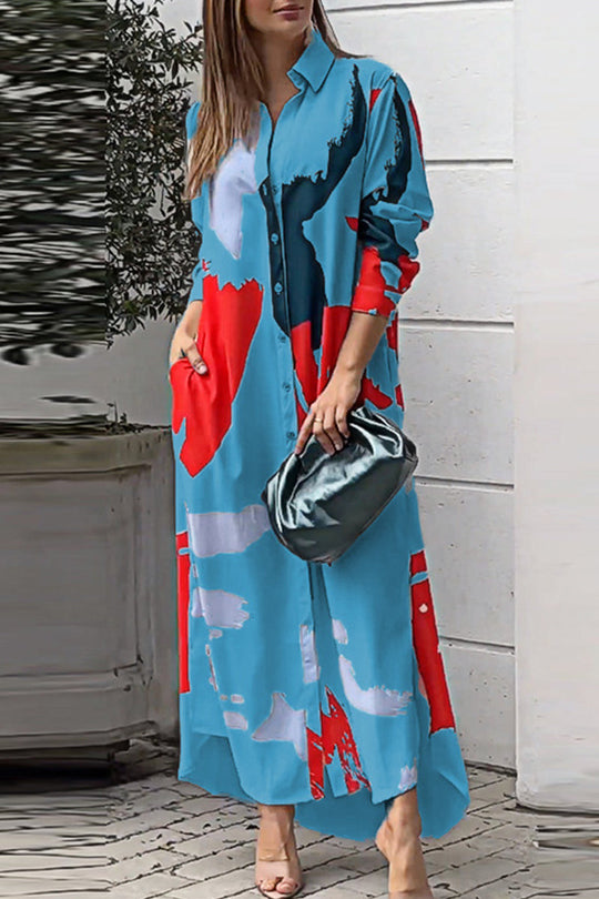 Heidi-Mode | Lässiges Street Geometrisches Druck Hemd Kleider mit Umlegekragen - 9 Farben
