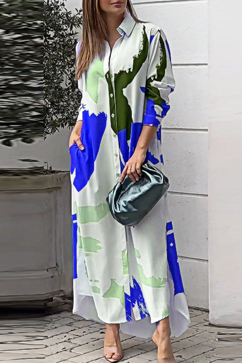 Heidi-Mode | Lässiges Street Geometrisches Druck Hemd Kleider mit Umlegekragen - 9 Farben