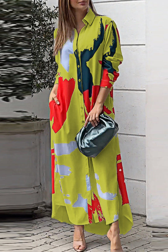 Heidi-Mode | Lässiges Street Geometrisches Druck Hemd Kleider mit Umlegekragen - 9 Farben