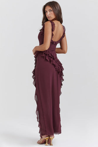 elegante avondjurk met ruches en hoge split
