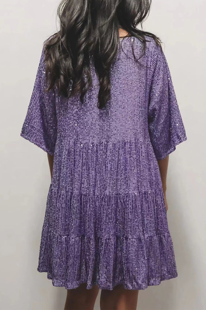 Heidi-Mode | Elegantes Einfarbiges Pailletten O-Ausschnitt Tüllrock Kurzarmkleid - 4 Farben