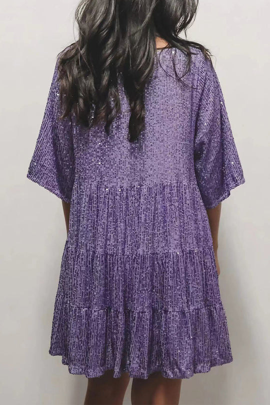 Heidi-Mode | Elegantes Einfarbiges Pailletten O-Ausschnitt Tüllrock Kurzarmkleid - 4 Farben