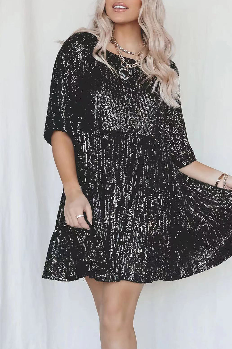 Heidi-Mode | Elegantes Einfarbiges Pailletten O-Ausschnitt Tüllrock Kurzarmkleid - 4 Farben