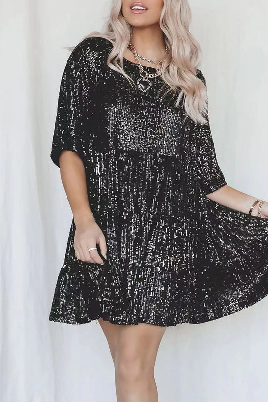 Heidi-Mode | Elegantes Einfarbiges Pailletten O-Ausschnitt Tüllrock Kurzarmkleid - 4 Farben