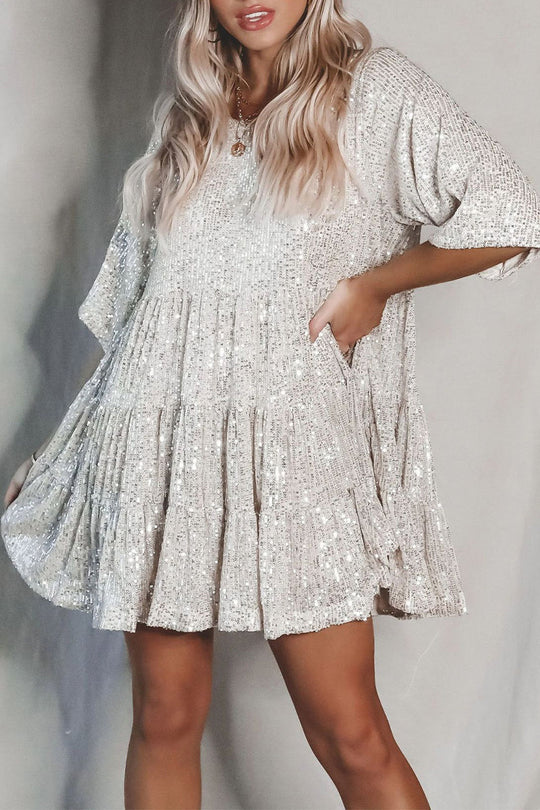 Heidi-Mode | Elegantes Einfarbiges Pailletten O-Ausschnitt Tüllrock Kurzarmkleid - 4 Farben