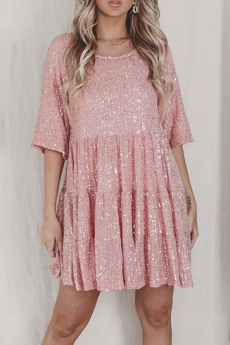 Heidi-Mode | Elegantes Einfarbiges Pailletten O-Ausschnitt Tüllrock Kurzarmkleid - 4 Farben