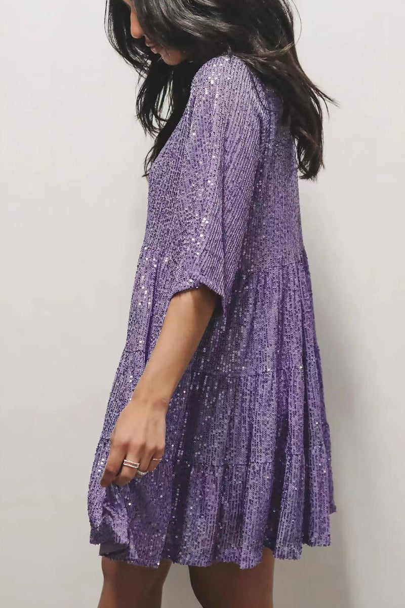 Heidi-Mode | Elegantes Einfarbiges Pailletten O-Ausschnitt Tüllrock Kurzarmkleid - 4 Farben
